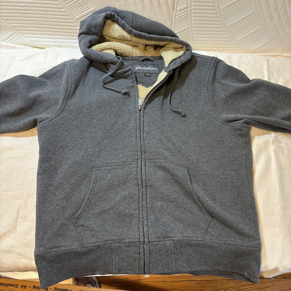 Eddie Bauer Mens XL Sherpa Lined Full Zip Hoodie Charcoal Gray Heavyweight